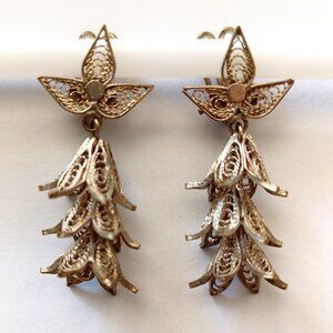 Vintage Filigree Clip Earrings Hand Crafted White Metal (Silver?)